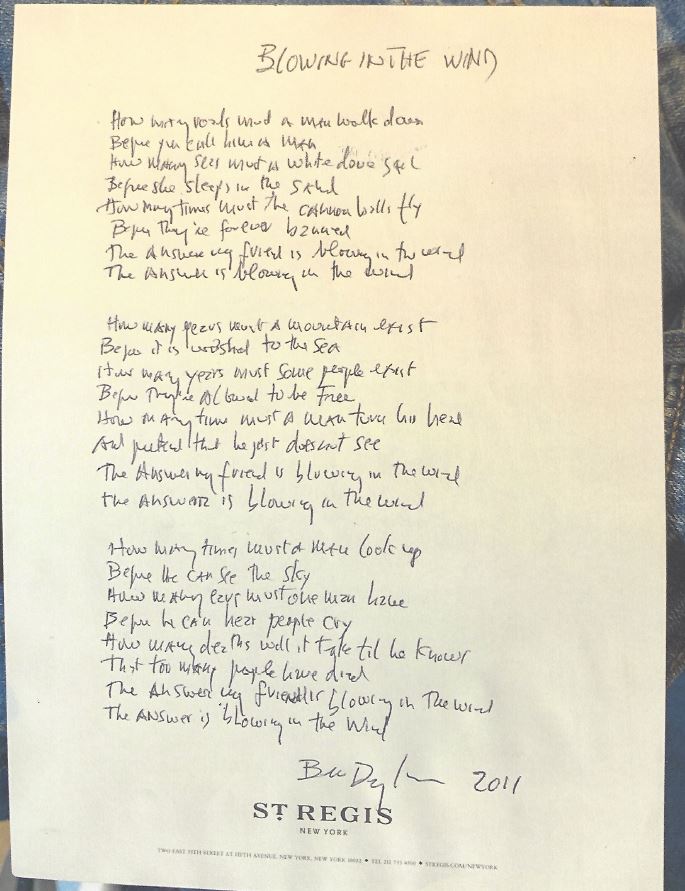BOB DYLAN'S COMPLETE SIGNED LYRICS TO BLOWING IN THE WIND Moments In Time