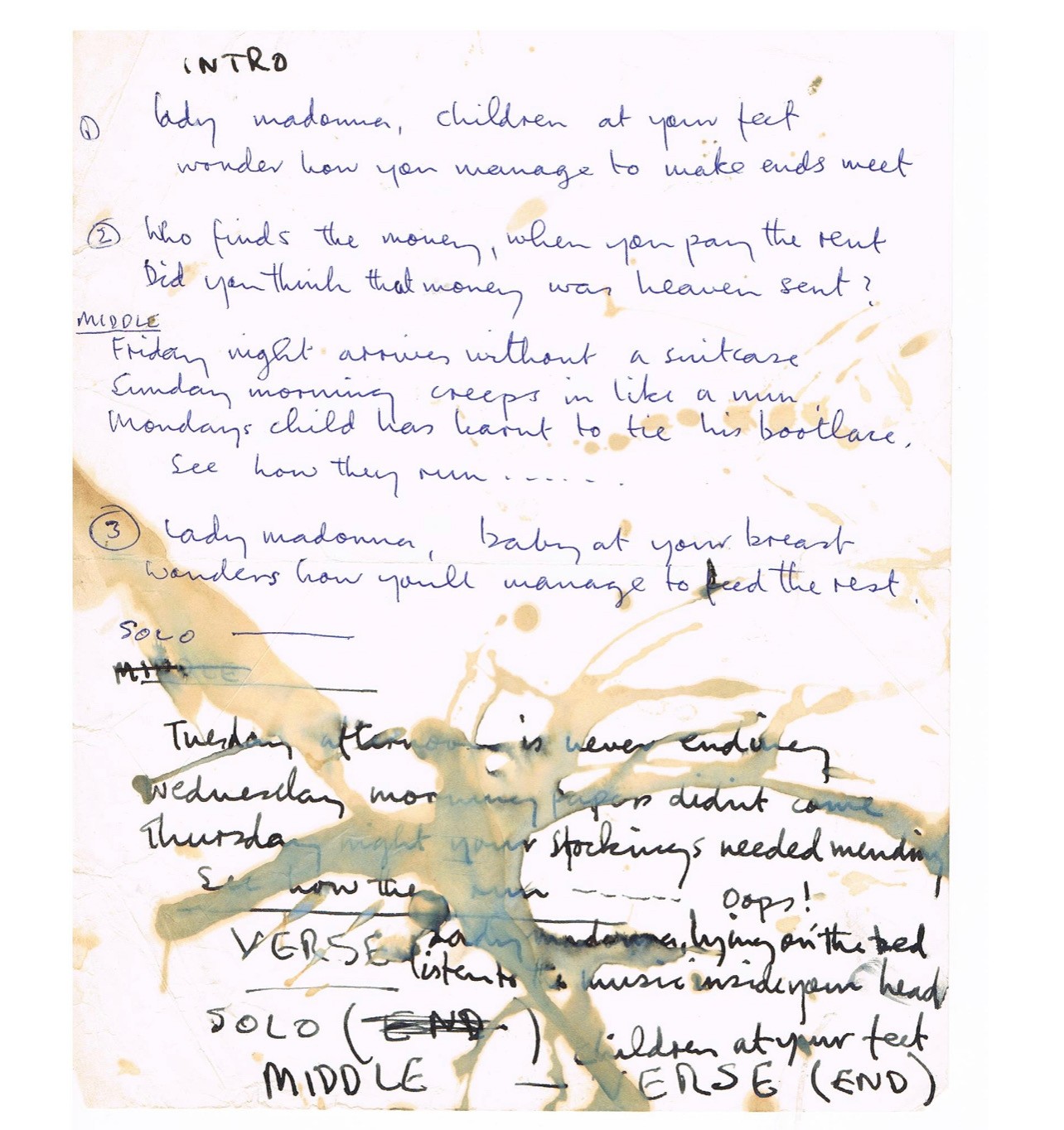 The original lyrics to Lady Madonna in Paul McCartney's hand